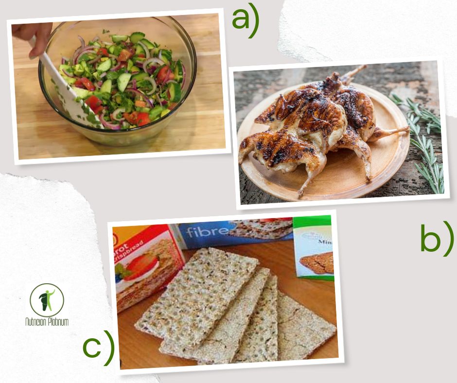 Ensalada de Aguacate Pepino y Tomate con codornices y pan wasa